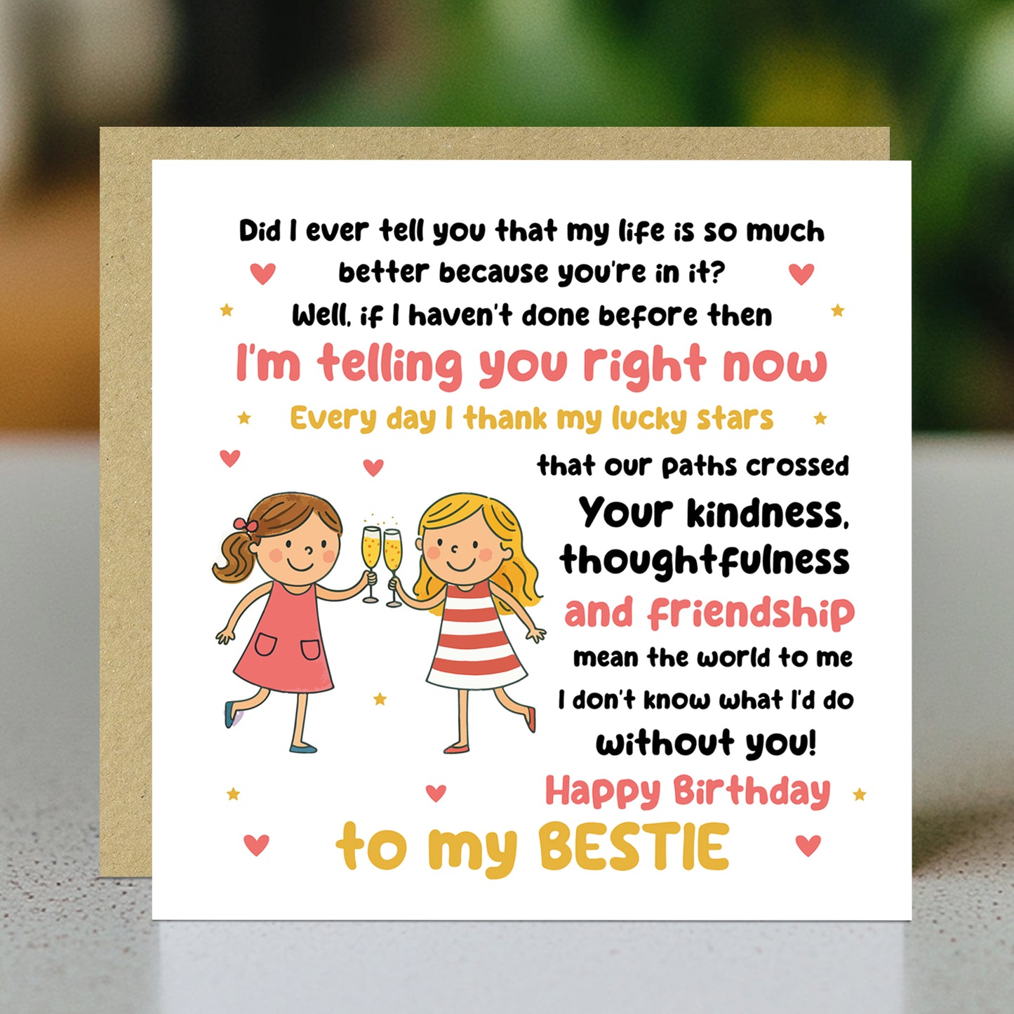 Card For Bestie Birthday With Kraft Envelope Birthday Card