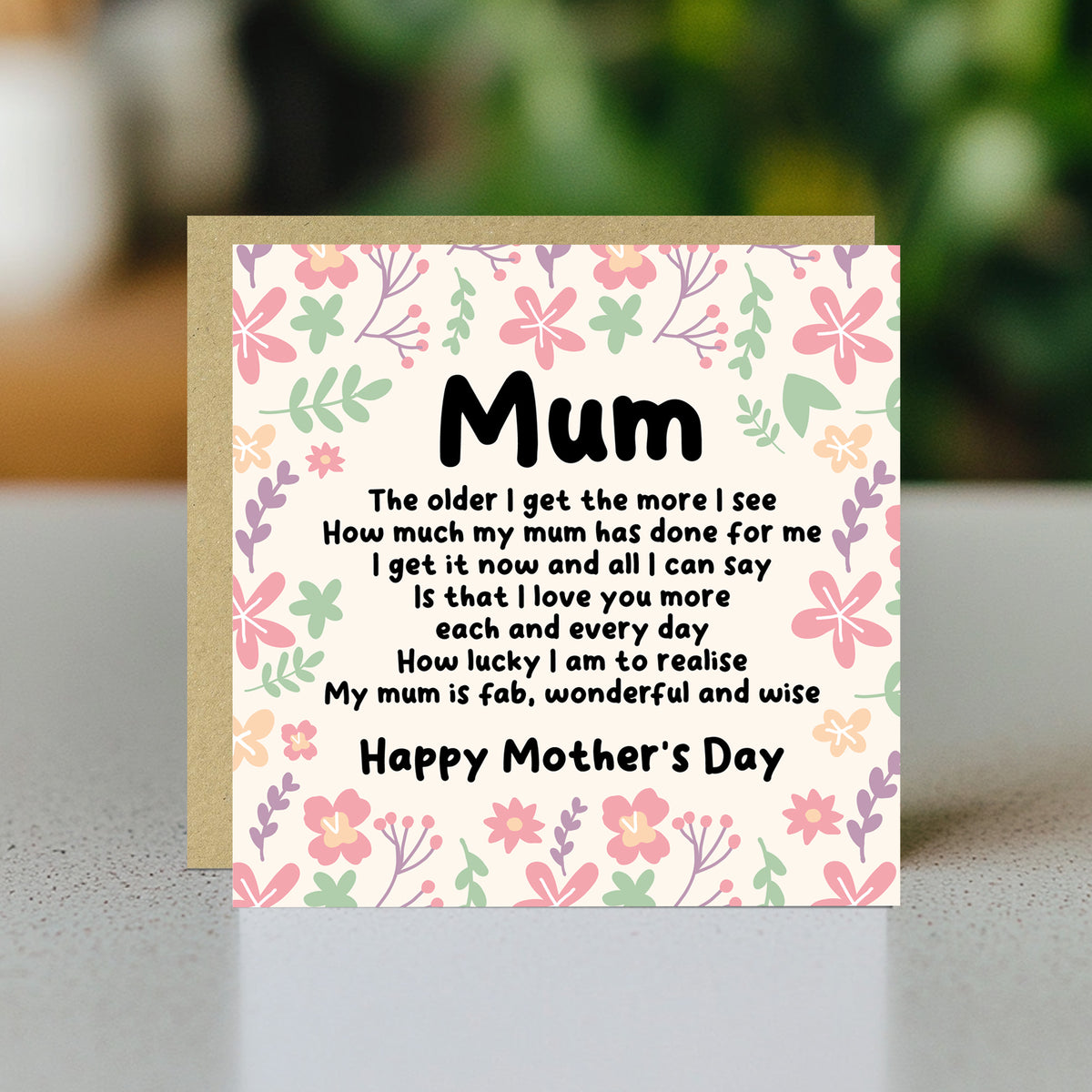 Happy Mothers Day Card, Floral Design, Poem Card For Mum