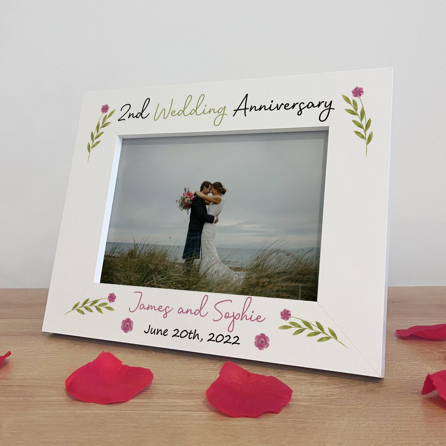 2nd Anniversary Wedding Gifts Personalised 7x5 White Frame