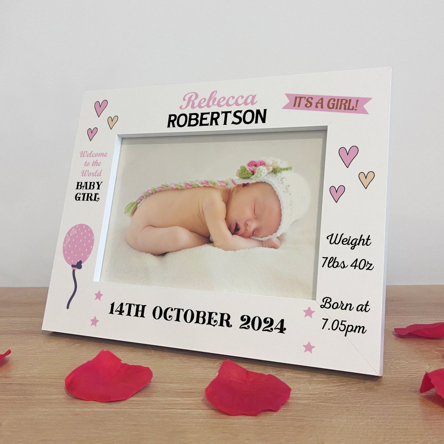 Personalised Baby Girl Newborn Gift 7x5 White Wooden Photo Frame