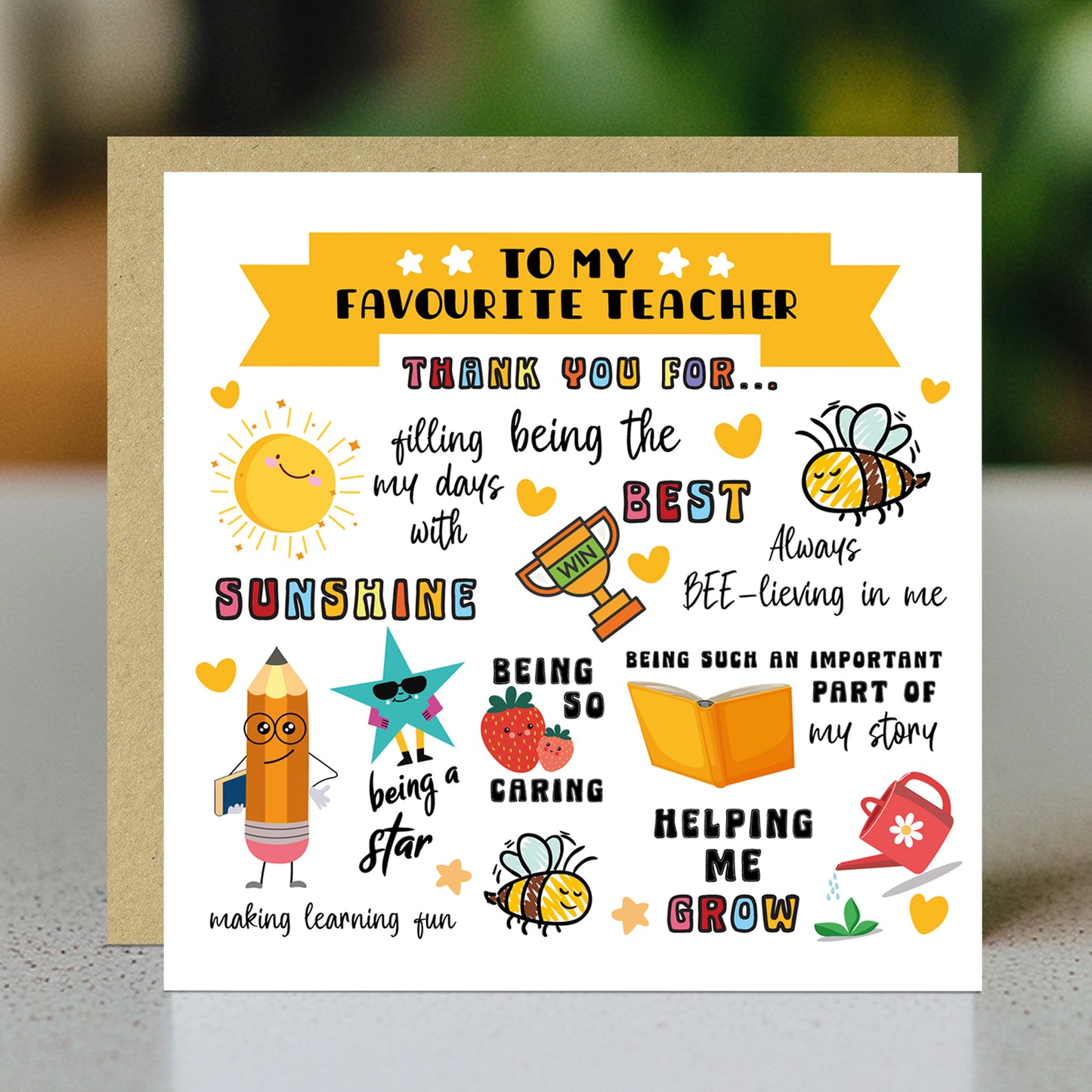 Teacher Thank You Card For Favourite Teacher With Kraft Envelope