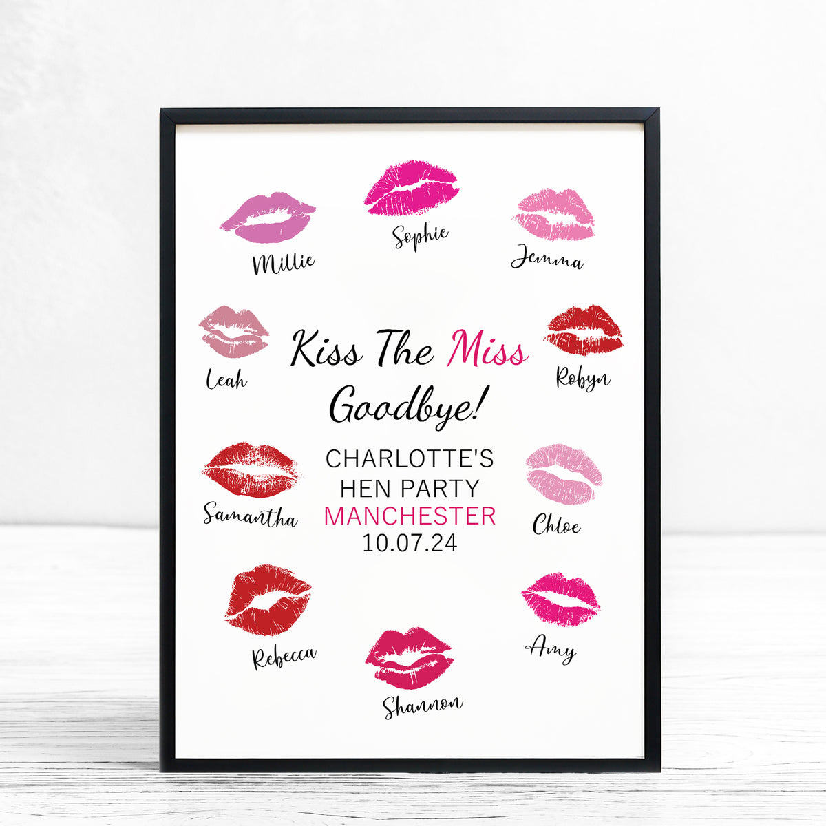 Kiss The Miss Goodbye A3 Black Framed Hen Party Print Keepsake