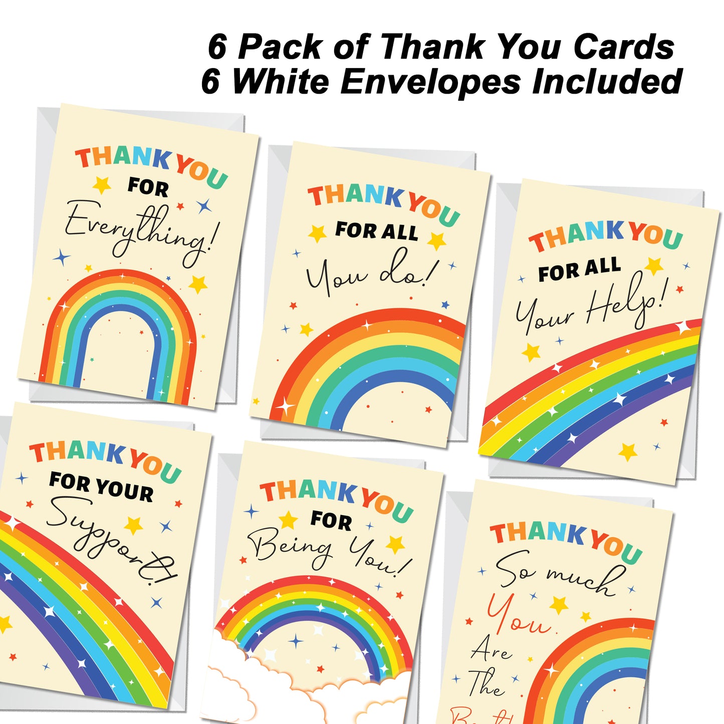 6 Pack Thank You Card Multipack With White Envelopes Rainbow