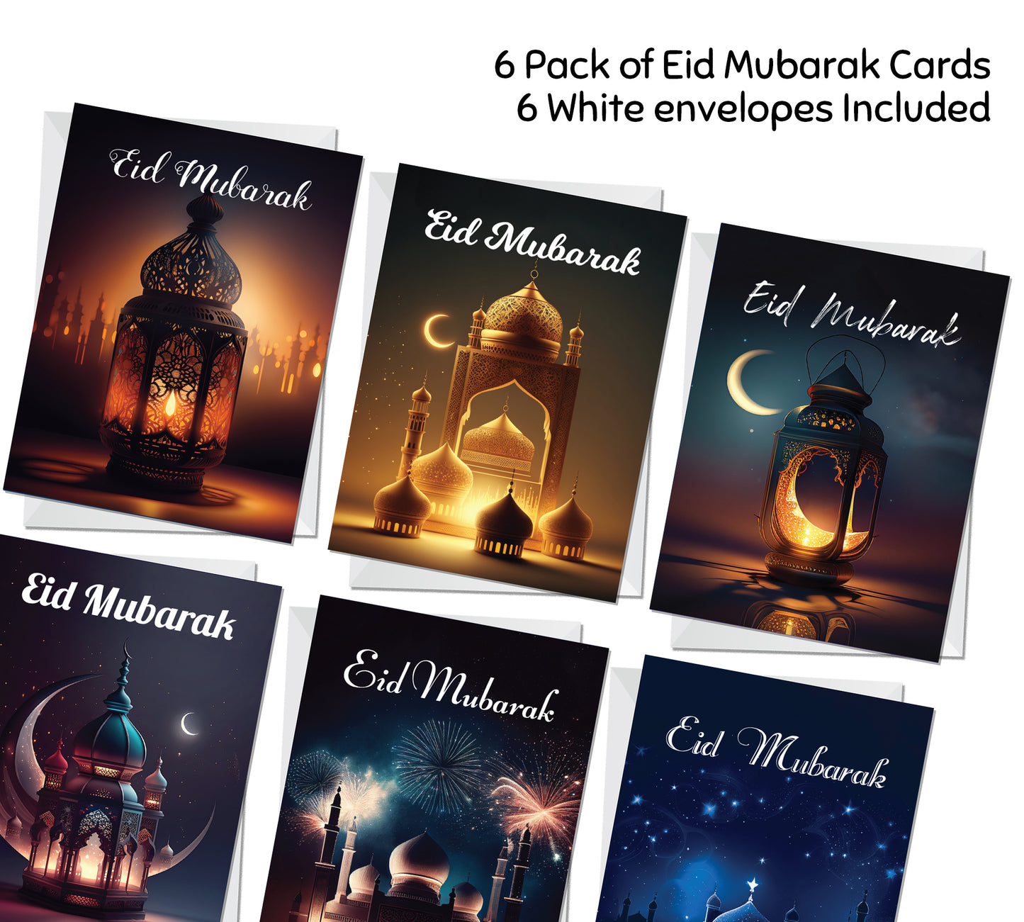 Eid Mubarak Multipack of 6 Cards For Friends Family Kids Ramadan