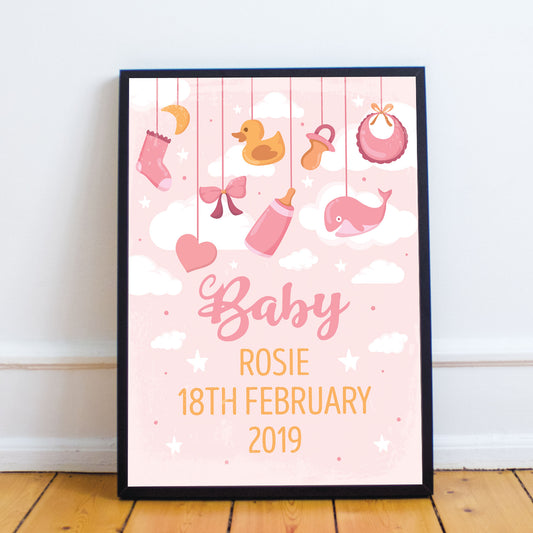 FRAMED Birth Details Print PERSONALISED Baby Girl Gift Pink Art