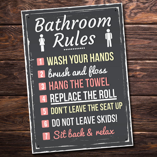 Bathroom Rules Funny Toilet Door Wall Sign Novelty Joke Plaque