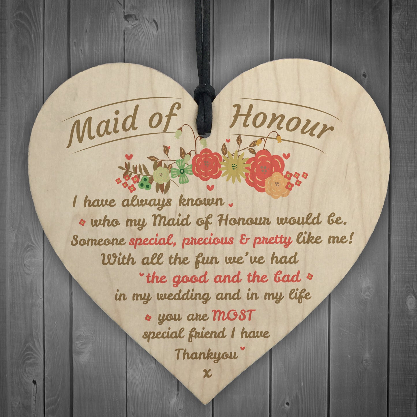 Thank You Maid Of Honour Wooden Heart Wedding Keepsake Gifts