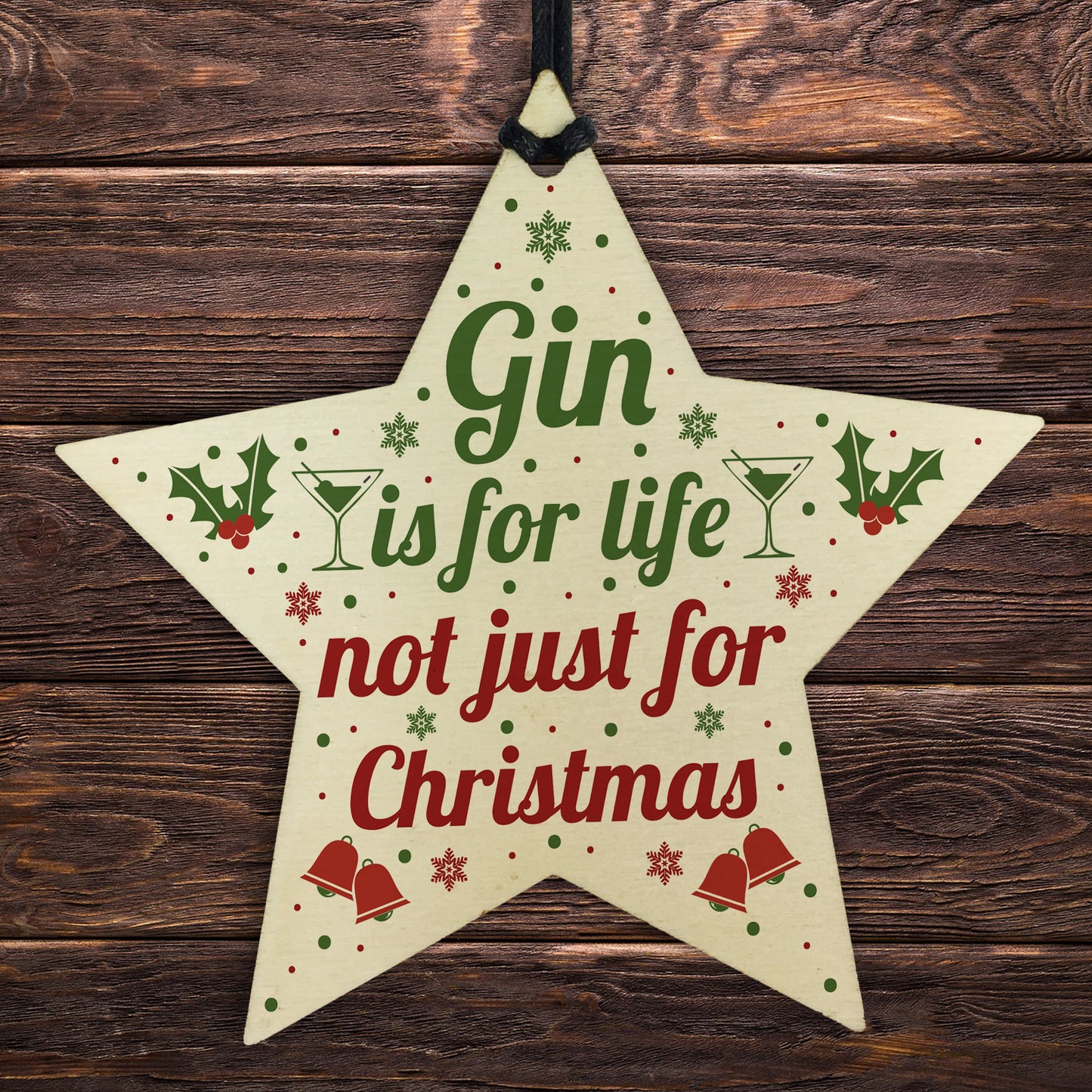 Funny Gin Novelty Christmas Gift Bauble Decoration Wooden Star