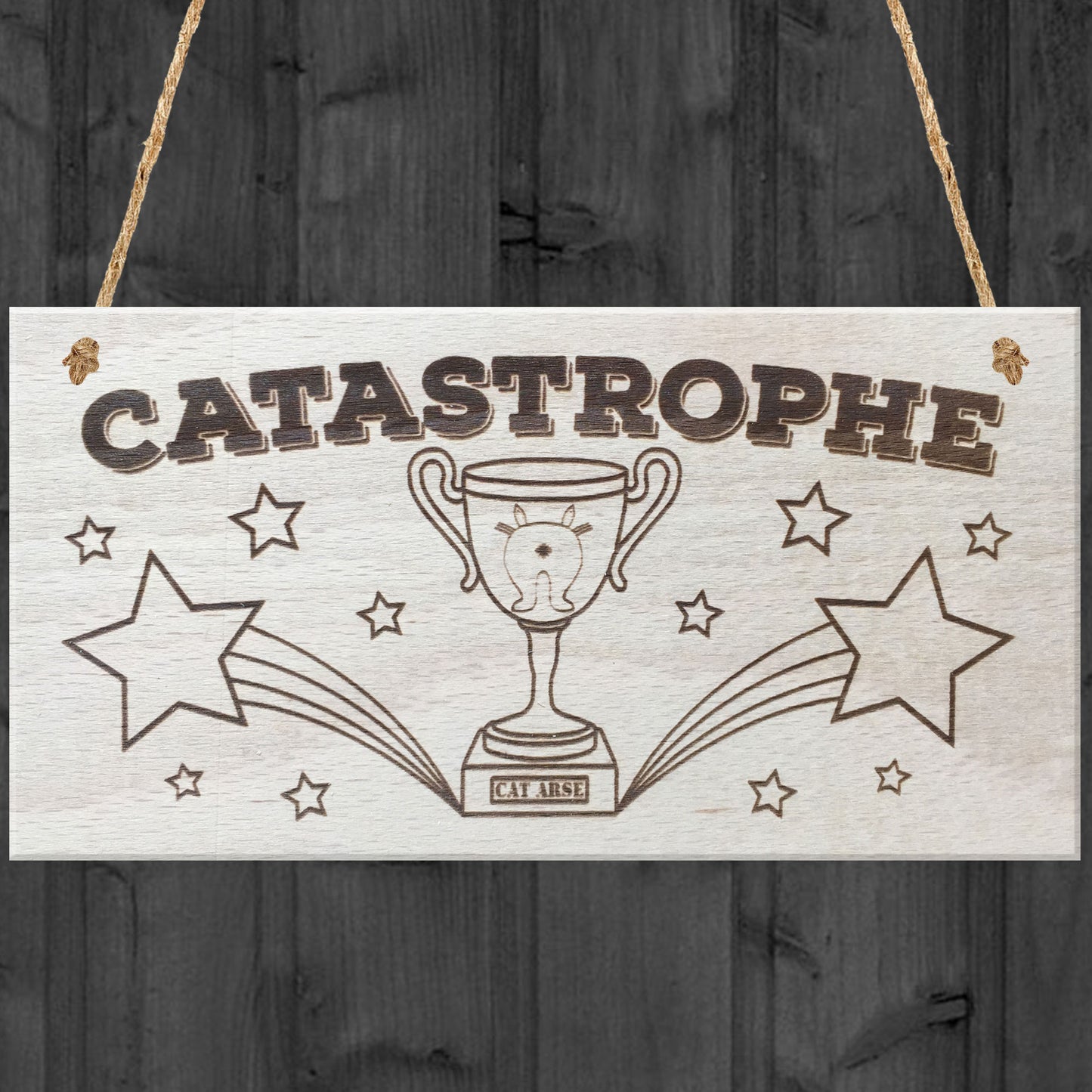 Catastrophe Cat Arse Trophe Novelty Hanging Wooden Plaque Sign