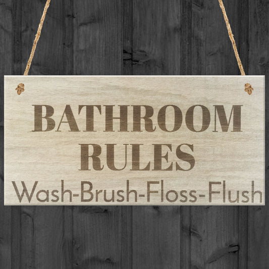 Bathroom Rules Wooden Hanging Plaque
