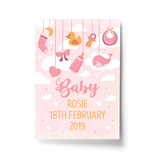 Birth Details Print PERSONALISED Baby Girl Gift Pink Nursery Art