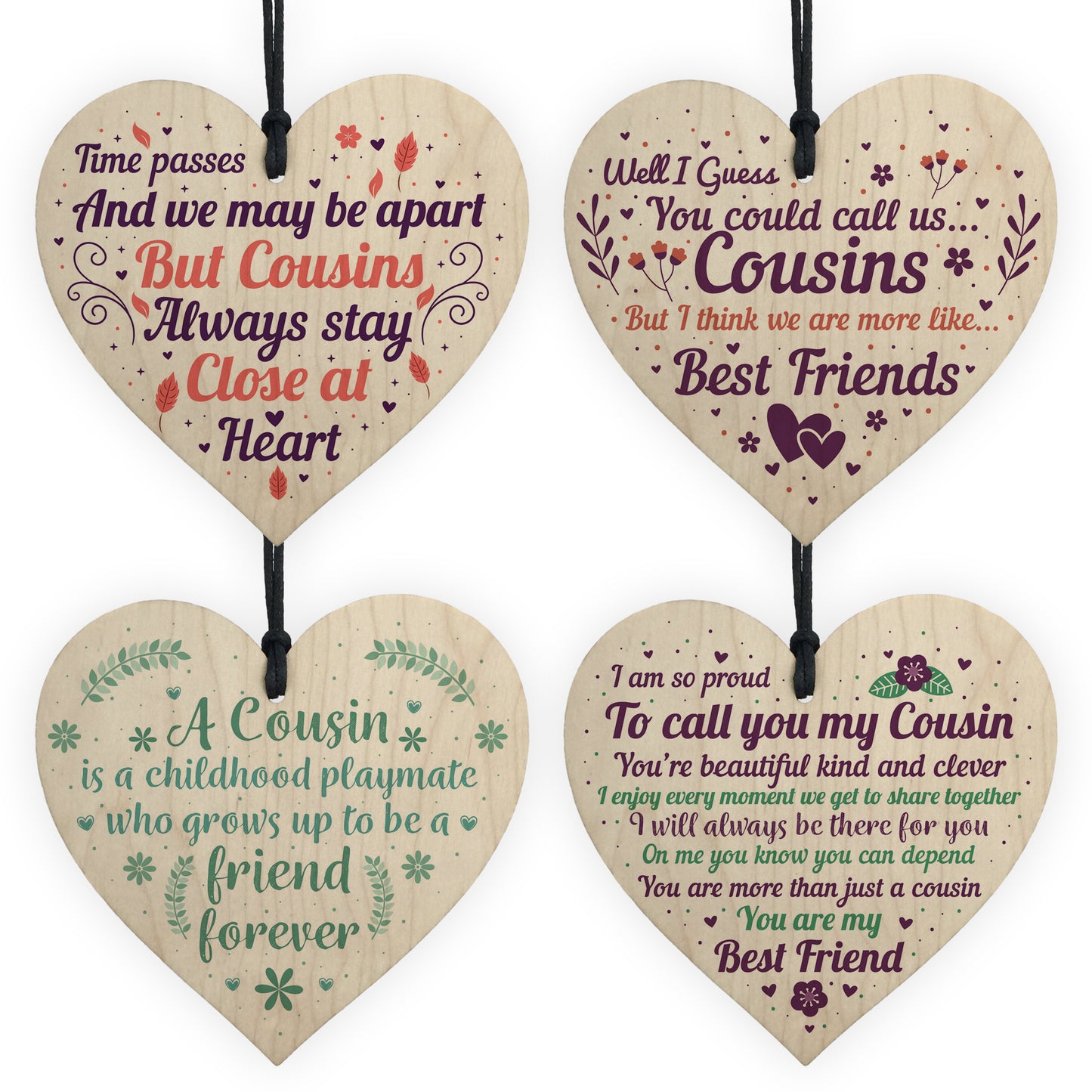 Christmas Gift For Cousin Pack of 4 Wooden Hanging Hearts Cousin