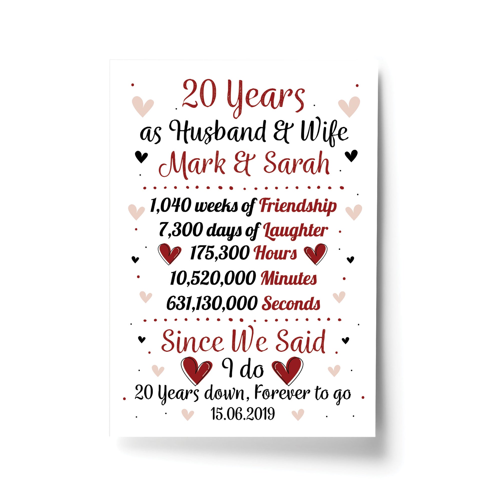 Personalised Wedding Gift 20th Year Anniversary Husband Wife – Red