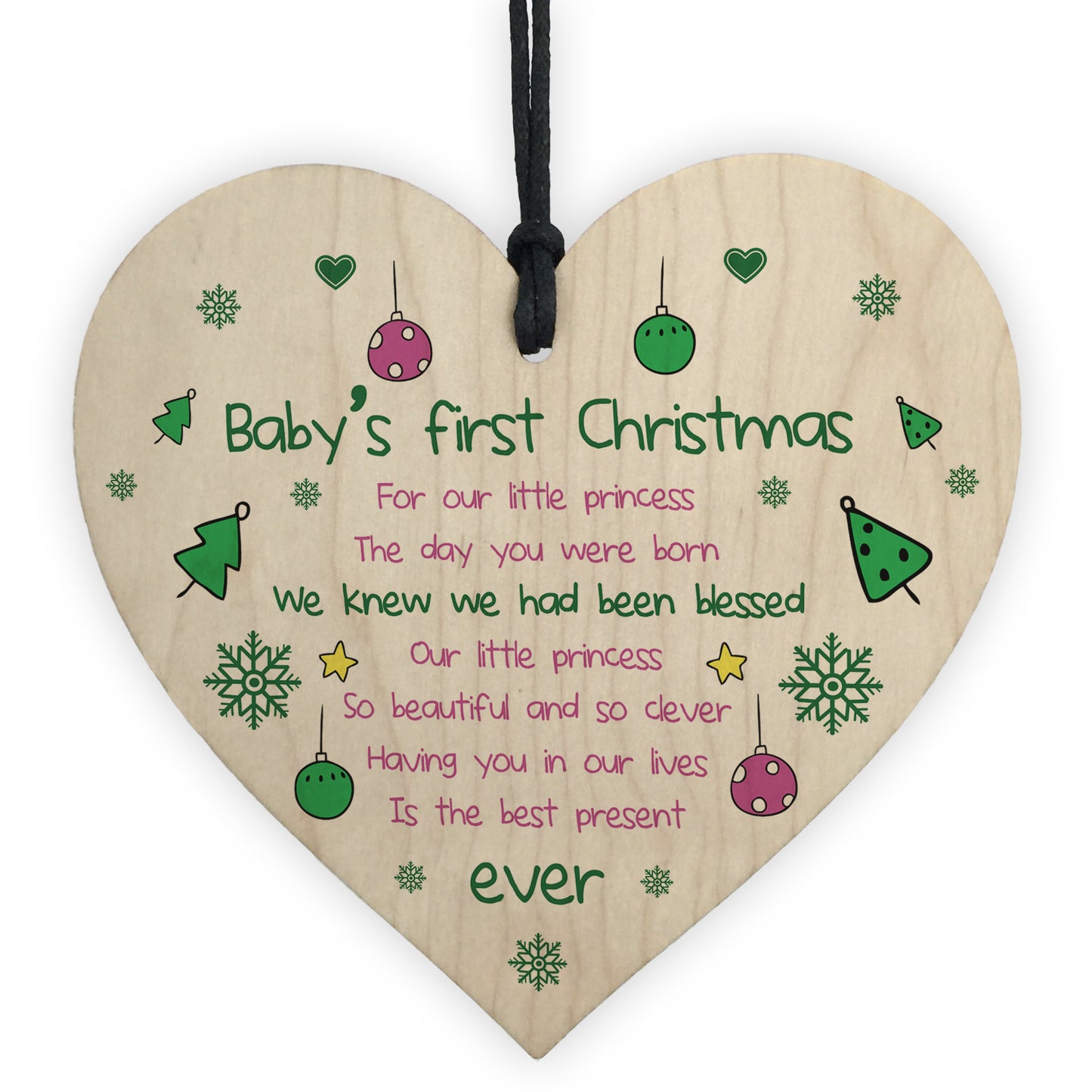 Baby's First Christmas Wooden Heart Bauble Tree Decoration Gift