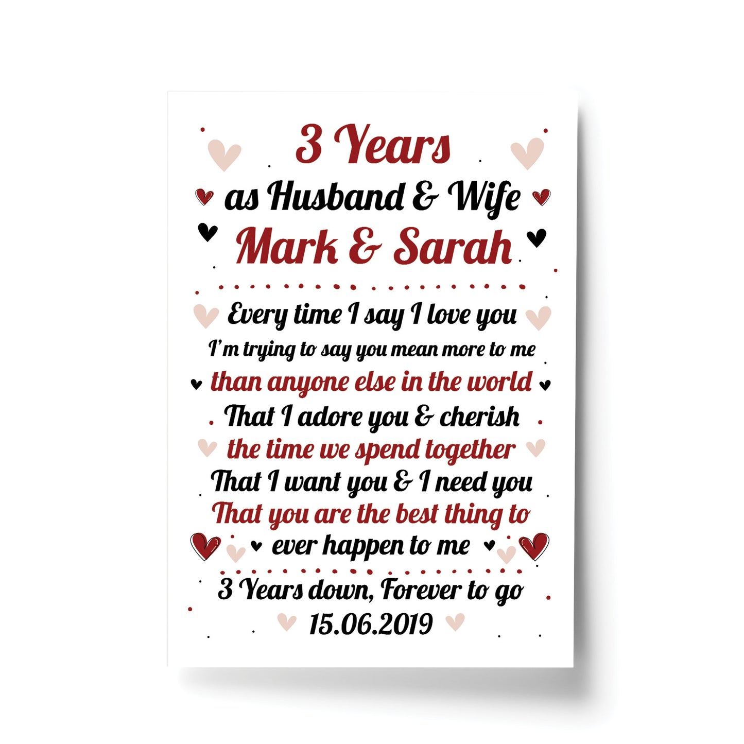 3rd Wedding Anniversary Gift For Husband or Wife Print Keepsake