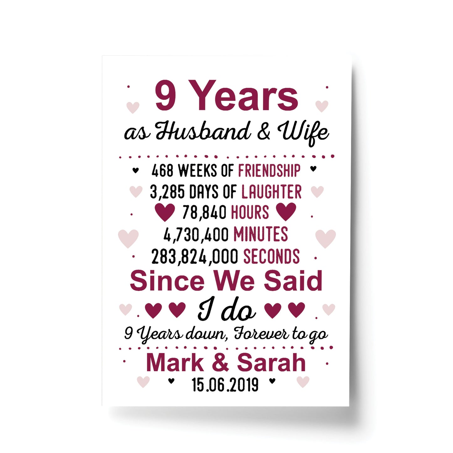 9th Anniversary Gift Personalised Print 9th Anniversary Card