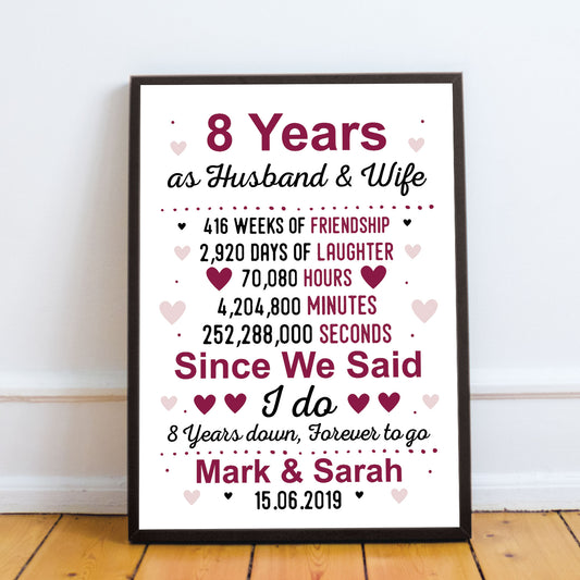 8th Anniversary Gift Personalised Framed Print 8th Anniversary