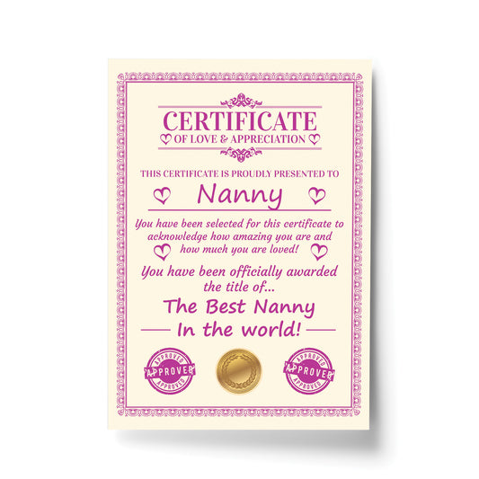 Nanny Gift Birthday Christmas Gift Present Nanny A4 Certificate