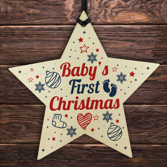 Babys First Christmas Gift Wooden Star Tree Bauble 1st Xmas Gift