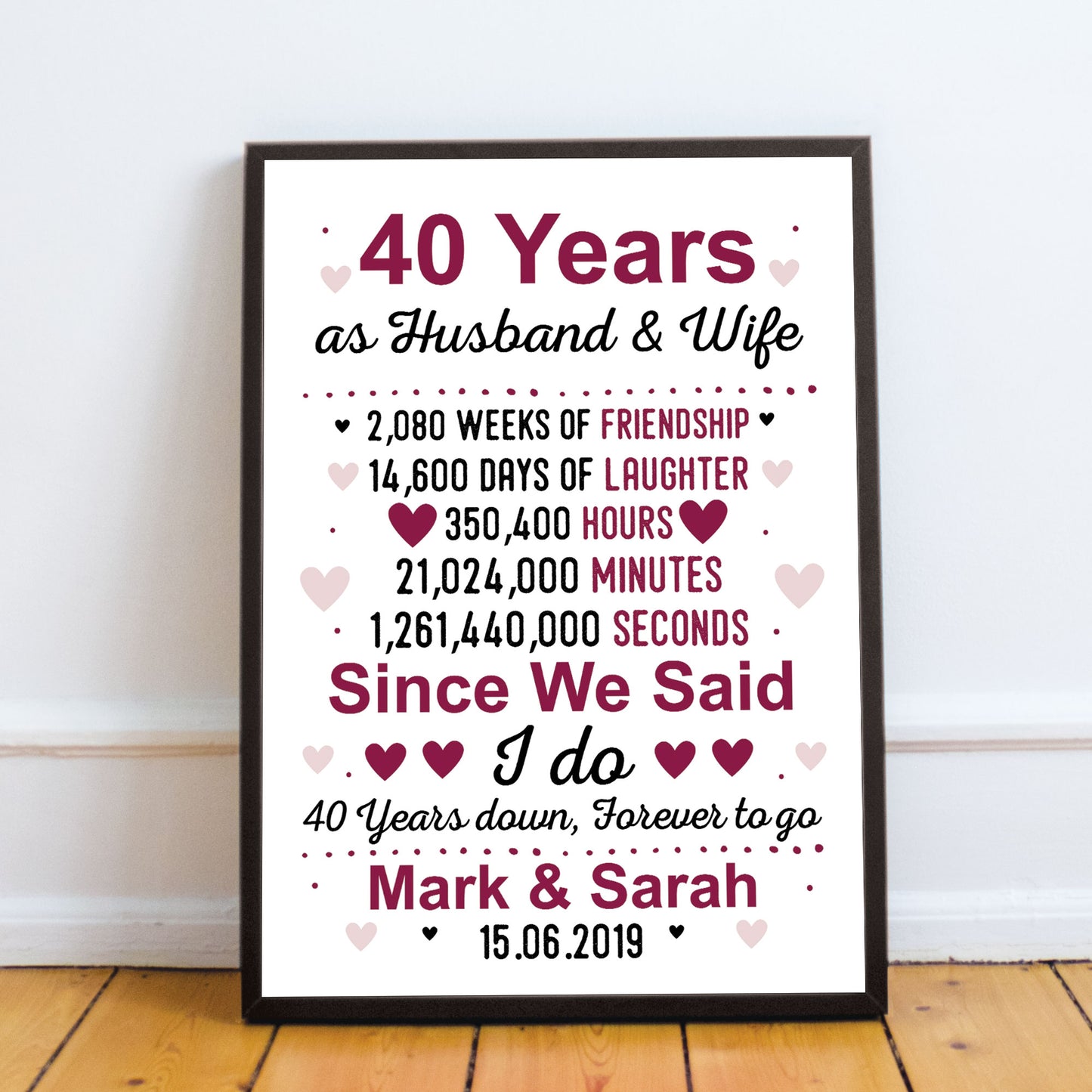 40th Anniversary Gift Personalised Framed Print 40th Anniversary