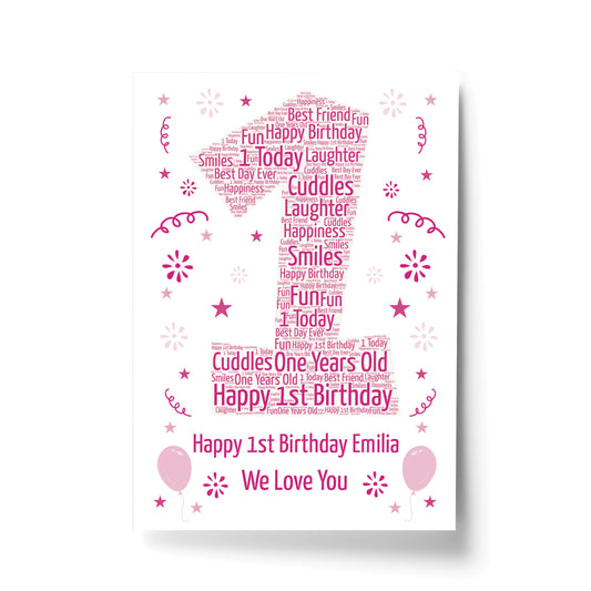 Personalised 1st Birthday Gift Word Art Print Keepsake Baby Girl