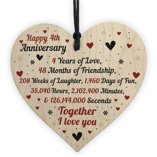 4th Wedding Anniversary Gift For Him Her Wood Heart Keepsake
