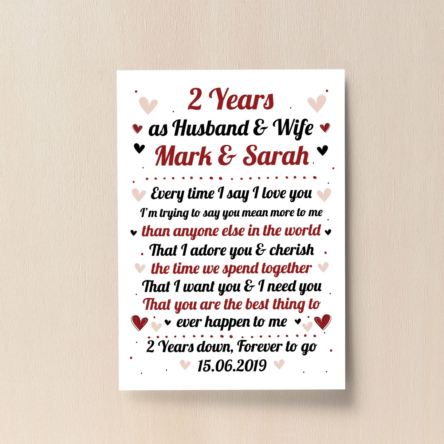 2nd Wedding Anniversary Gift For Husband or Wife Print Keepsake