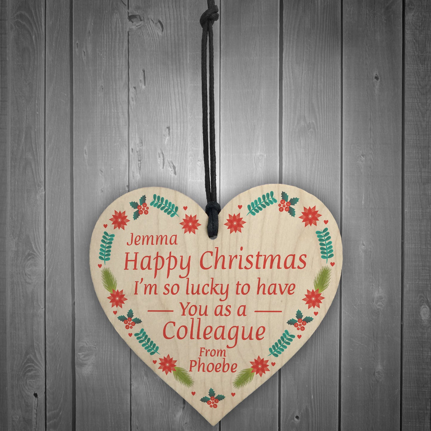 Personalised Christmas Gift Colleague Wood Heart Secret Santa