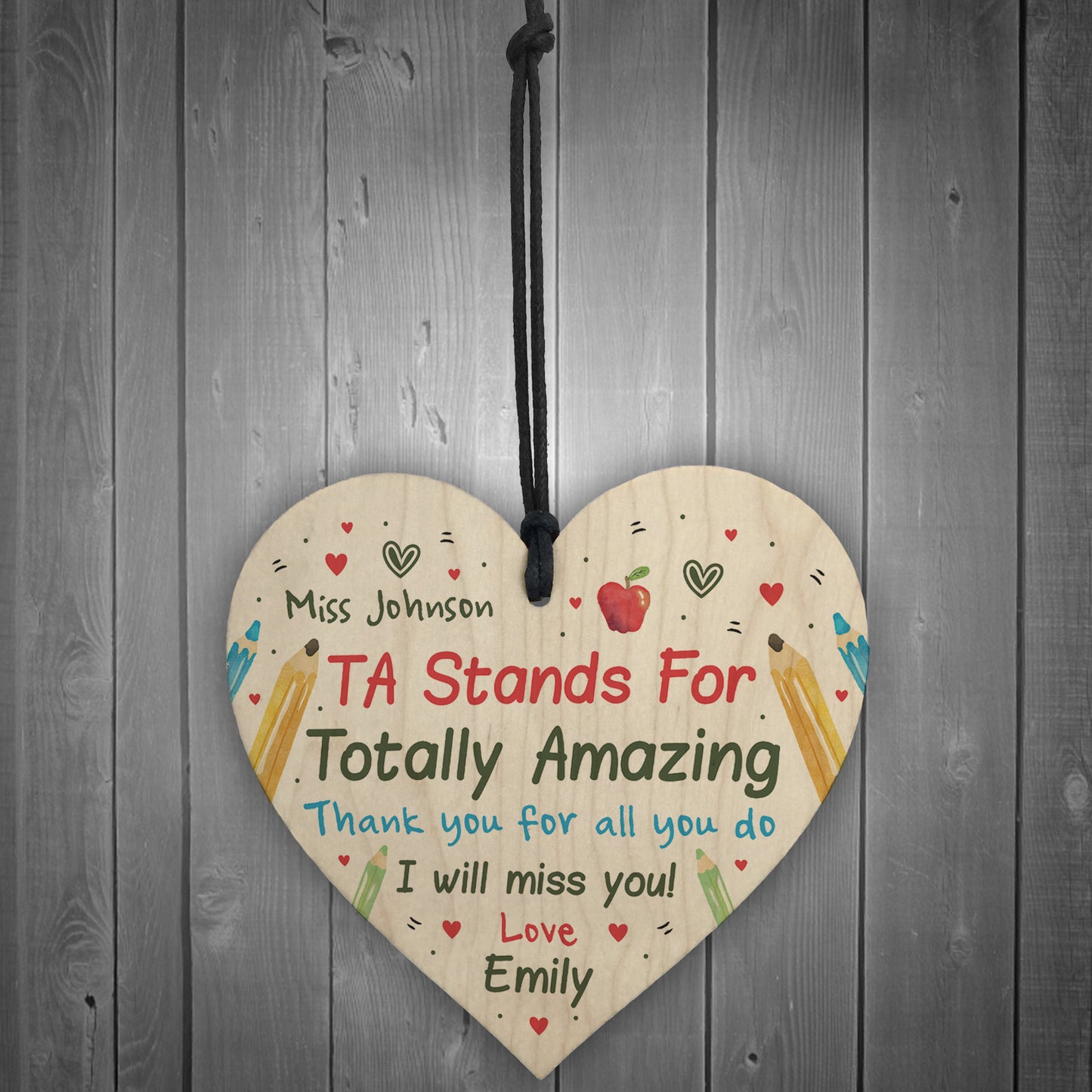 Personalised TA Assistant Gift Wood Heart Thank you Leaving Gift