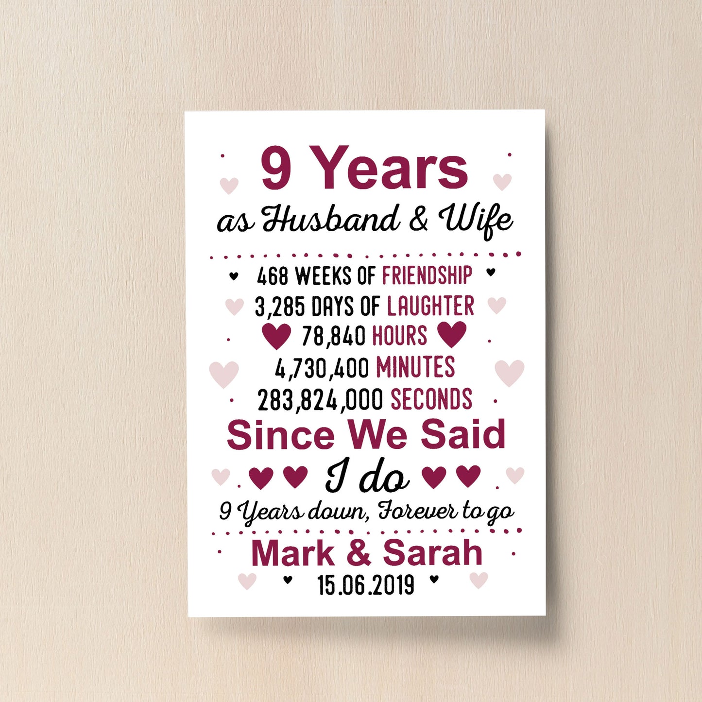 9th Anniversary Gift Personalised Print 9th Anniversary Card