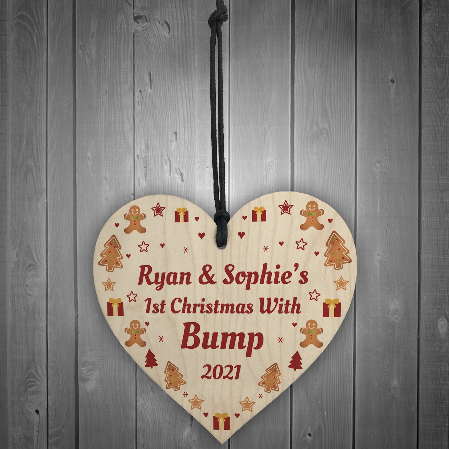 Bumps 1st Christmas Personalised Mum Dad Gift Wood Heart