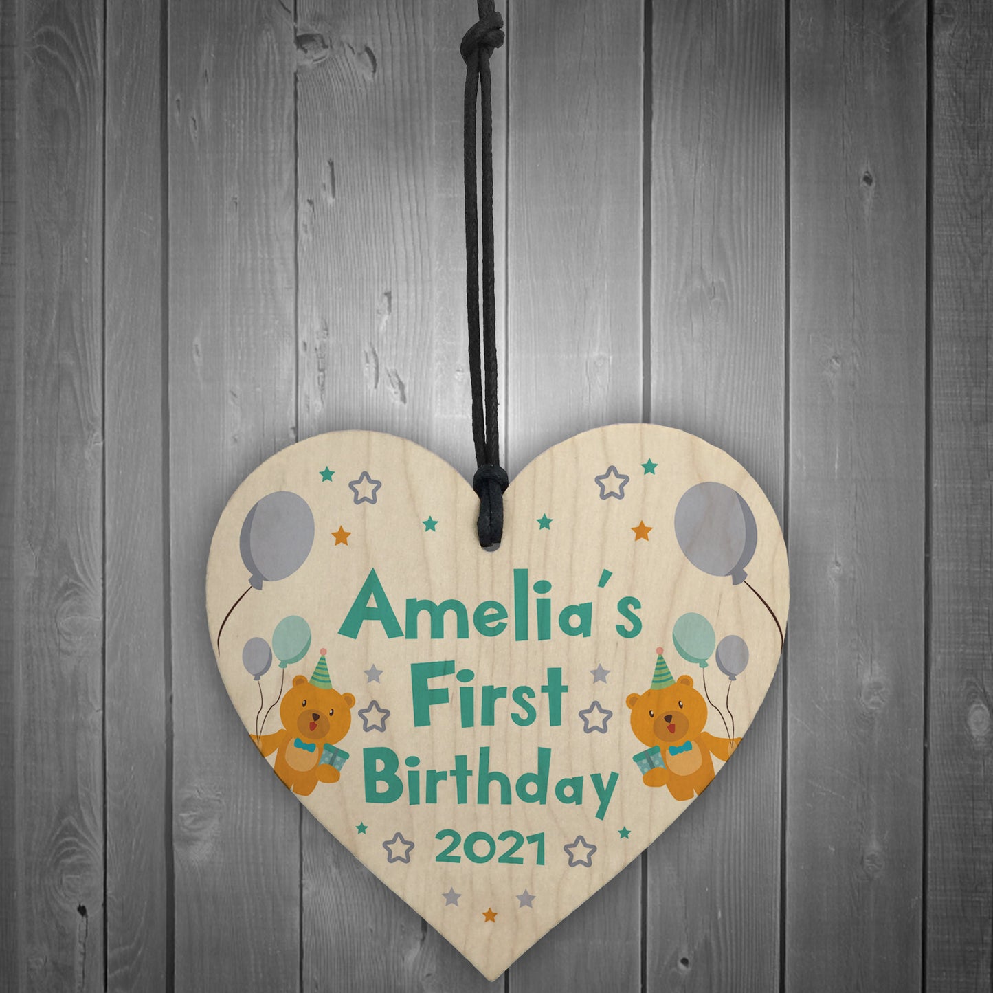 Personalised Any Names 1st Birthday Gift Wood Heart Daughter Son