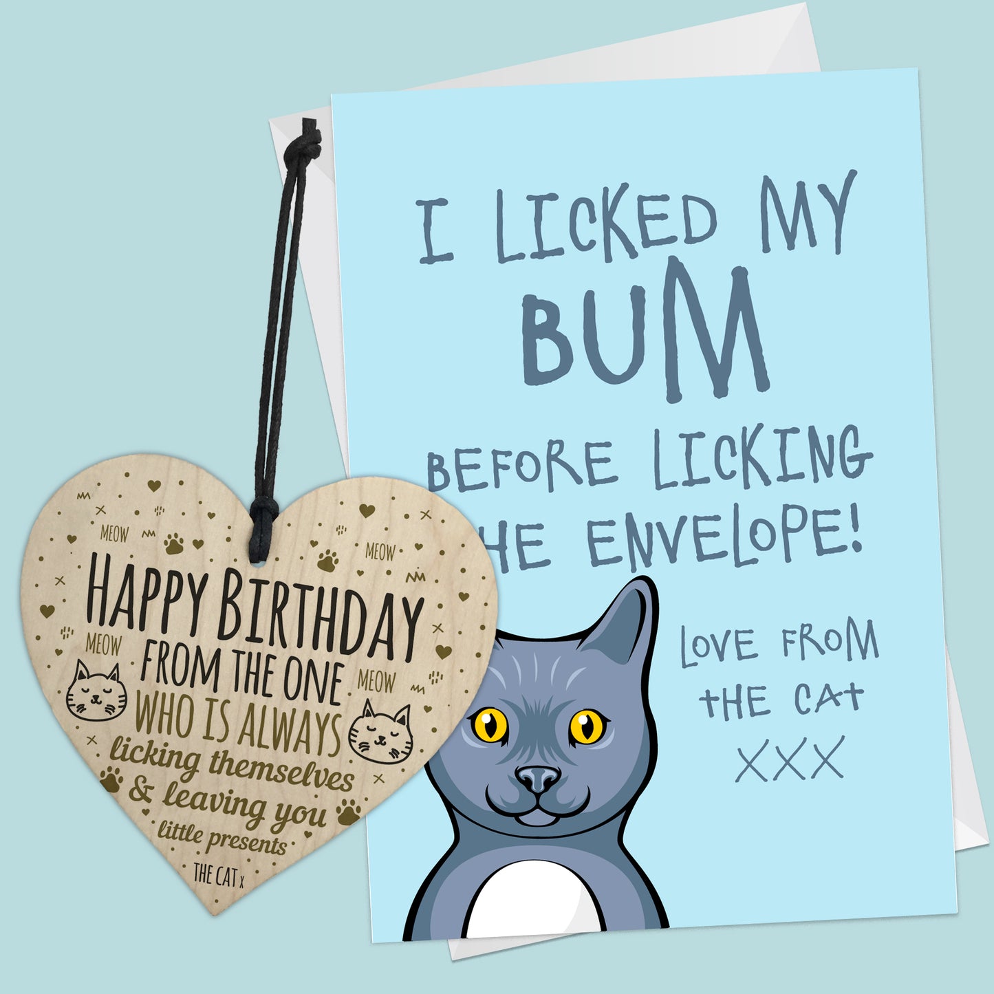 Funny Cat Birthday Card and Wooden Heart Birthday Gift From Cat