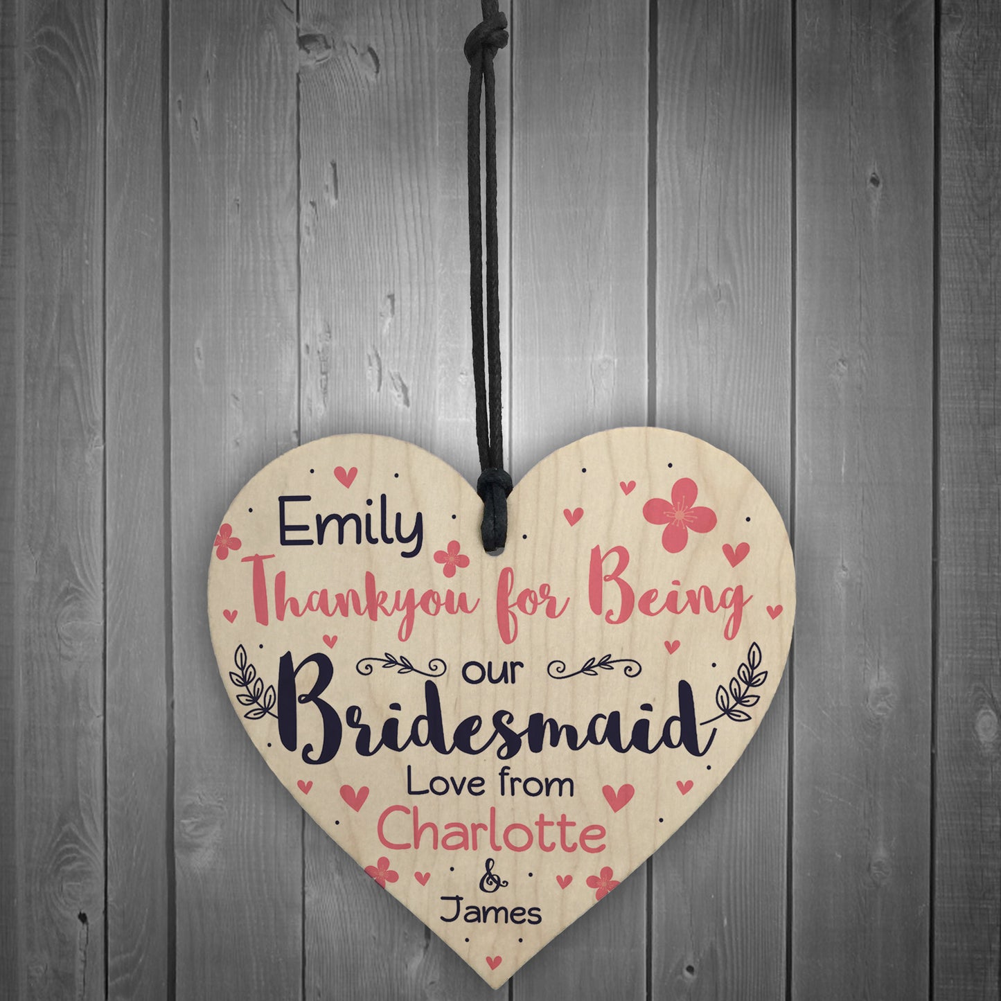 Personalised Thank You Gift For Bridesmaid Wood Heart Plaque