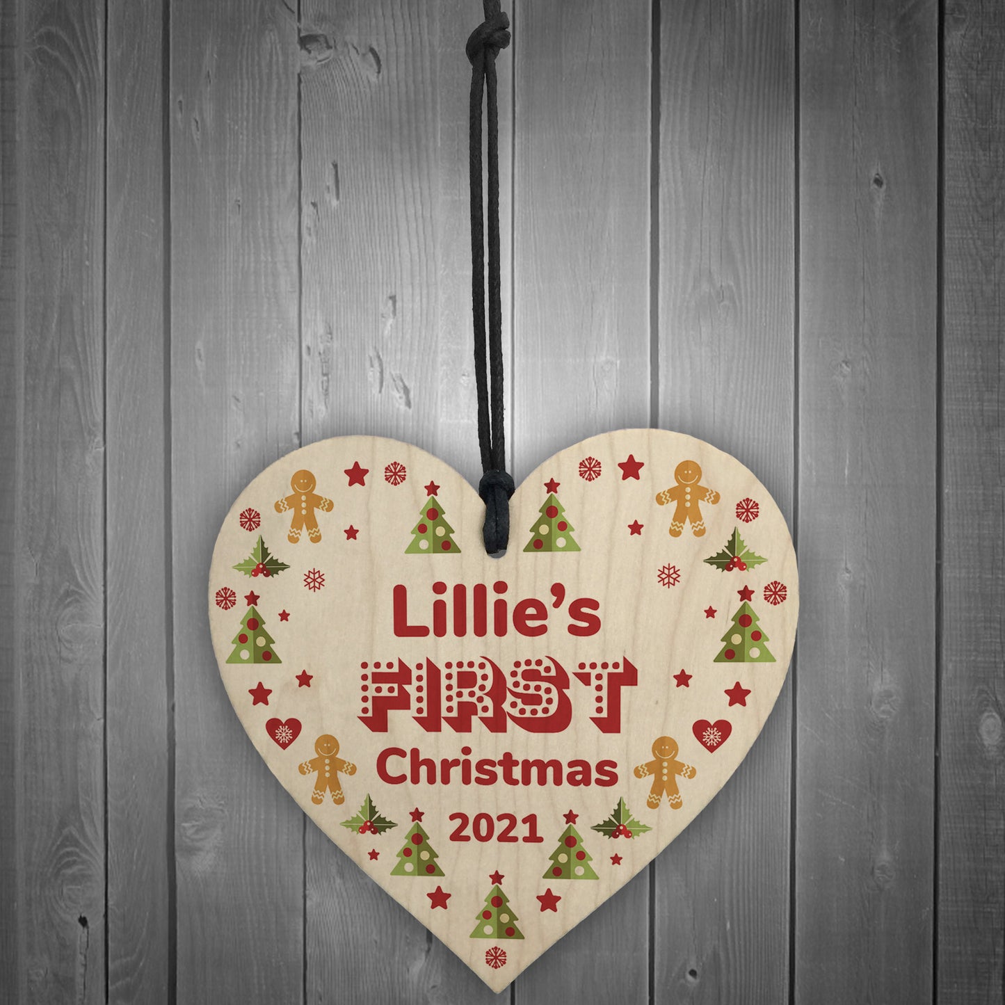 Cute Personalised Baby's First 1st Christmas Bauble Wood Heart