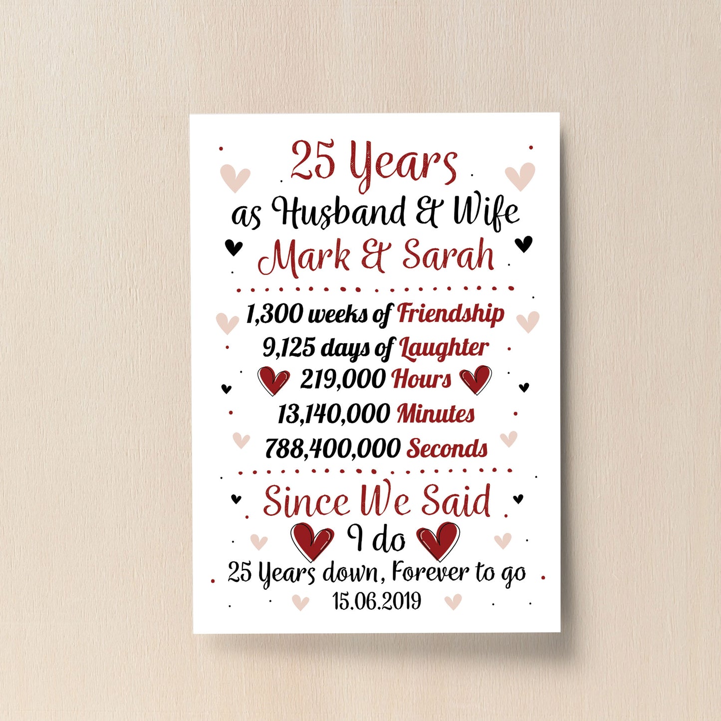 Personalised Wedding Print 25th Year Anniversary Husband Wife