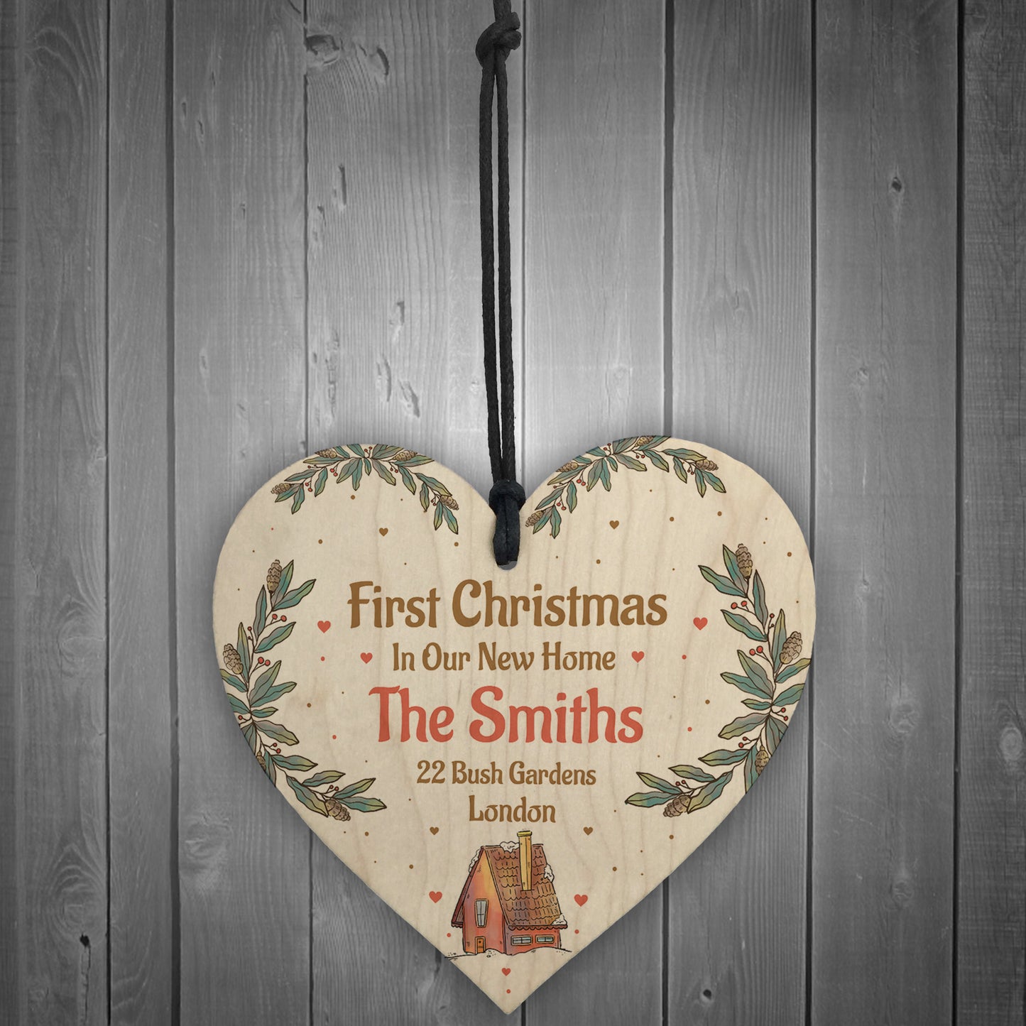 First Christmas New Home Personalised Tree Decoration Wood Heart