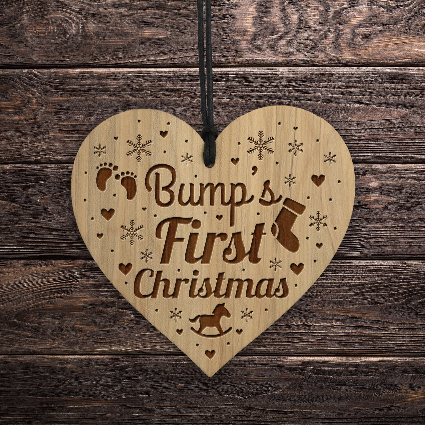 Babys 1st Christmas Bauble Engraved Wood Heart Christmas Decor