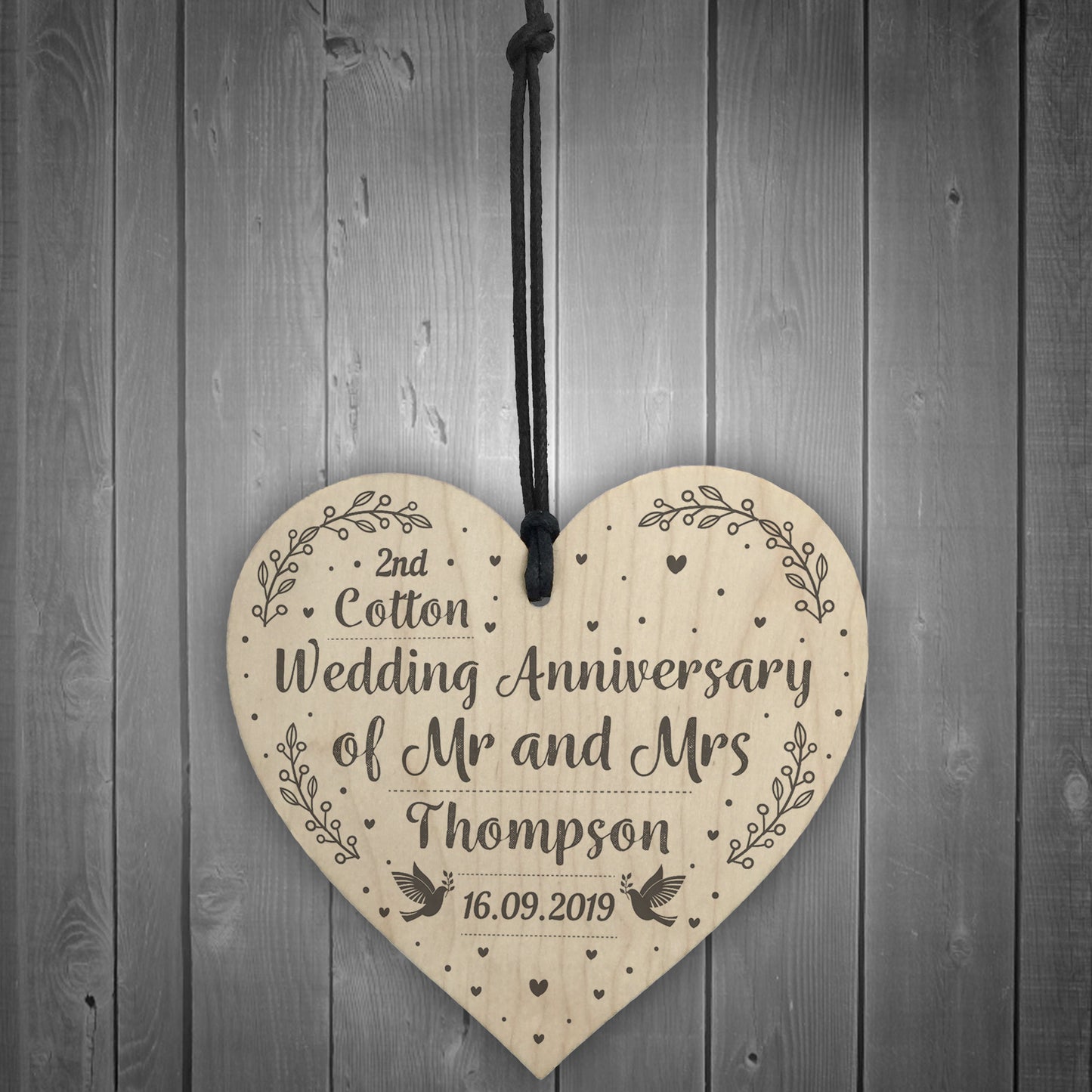 2nd Cotton Wedding Anniversary Gift Personalised Heart Mr & Mrs