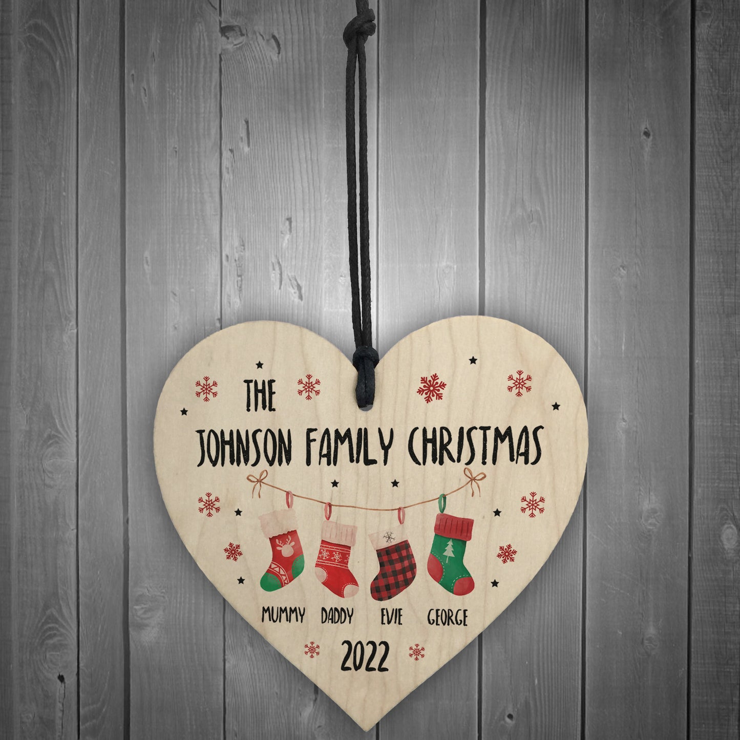 Personalised Family Christmas Bauble Wooden Hanging Heart Tree