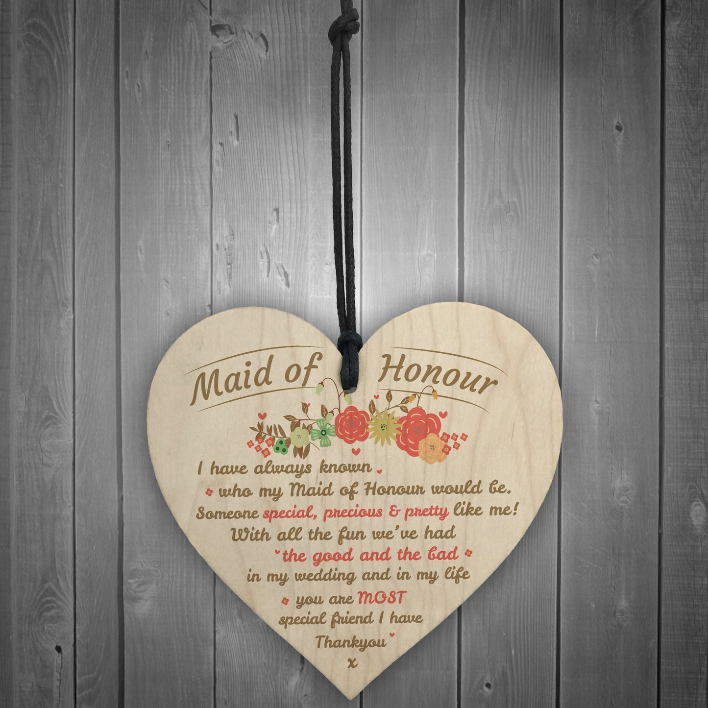 Thank You Maid Of Honour Wooden Heart Wedding Keepsake Gifts