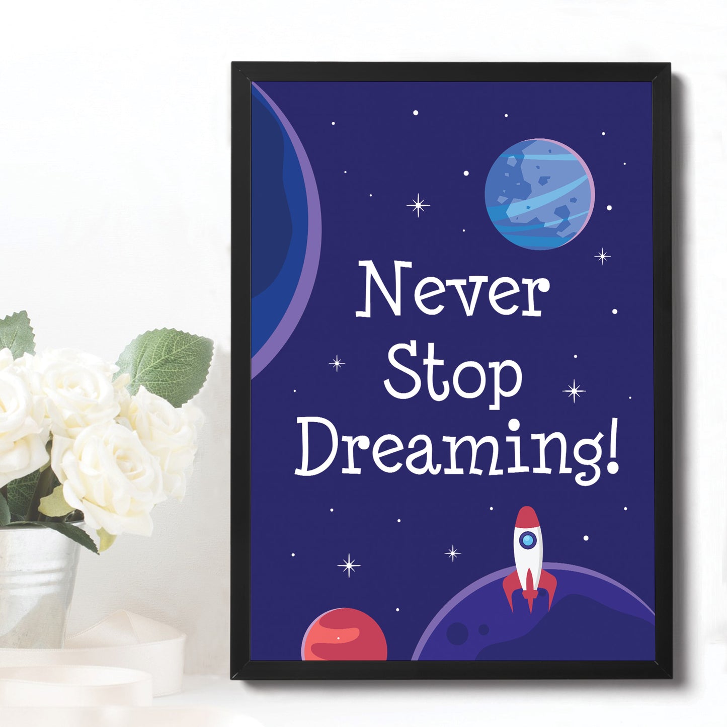 Never Stop Dreaming Quote Space Theme Framed Print Bedroom Sign