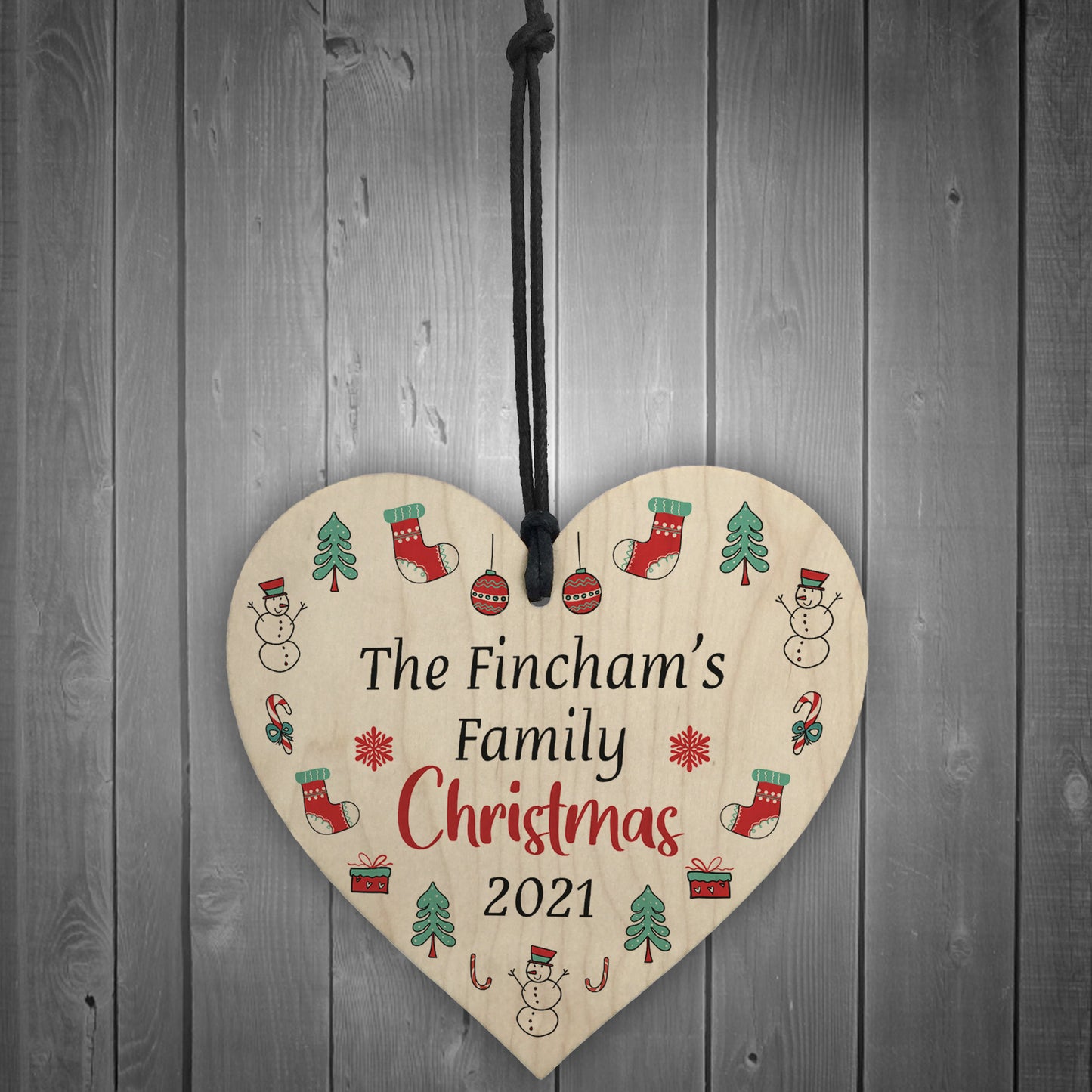 Personalised Family Christmas Tree Decoration SURNAME Wood Heart