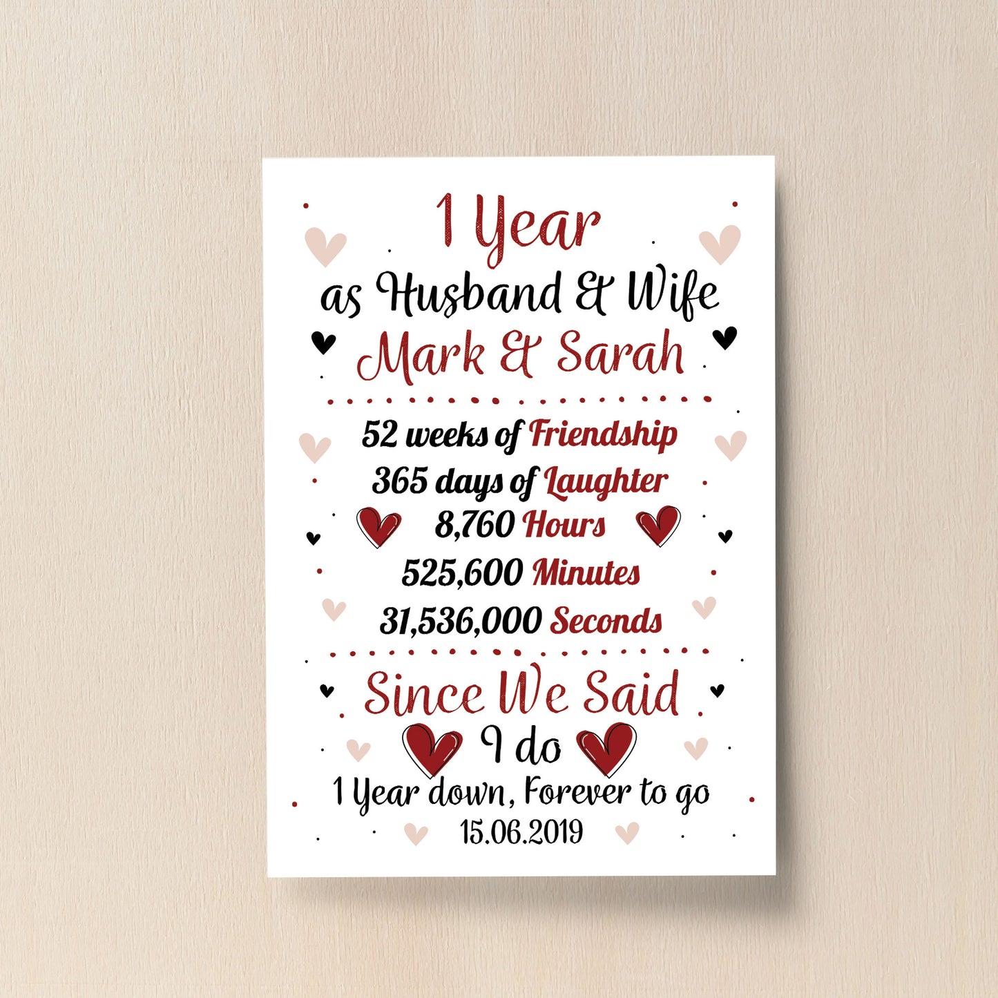 Personalised Wedding Print 1st Year Anniversary Husband Wife