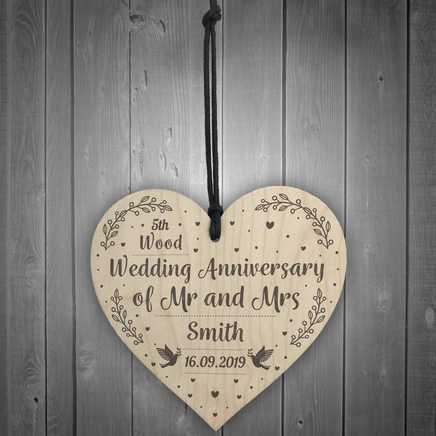 5th Wedding Anniversary Gift Personalised Wood Heart Mr & Mrs