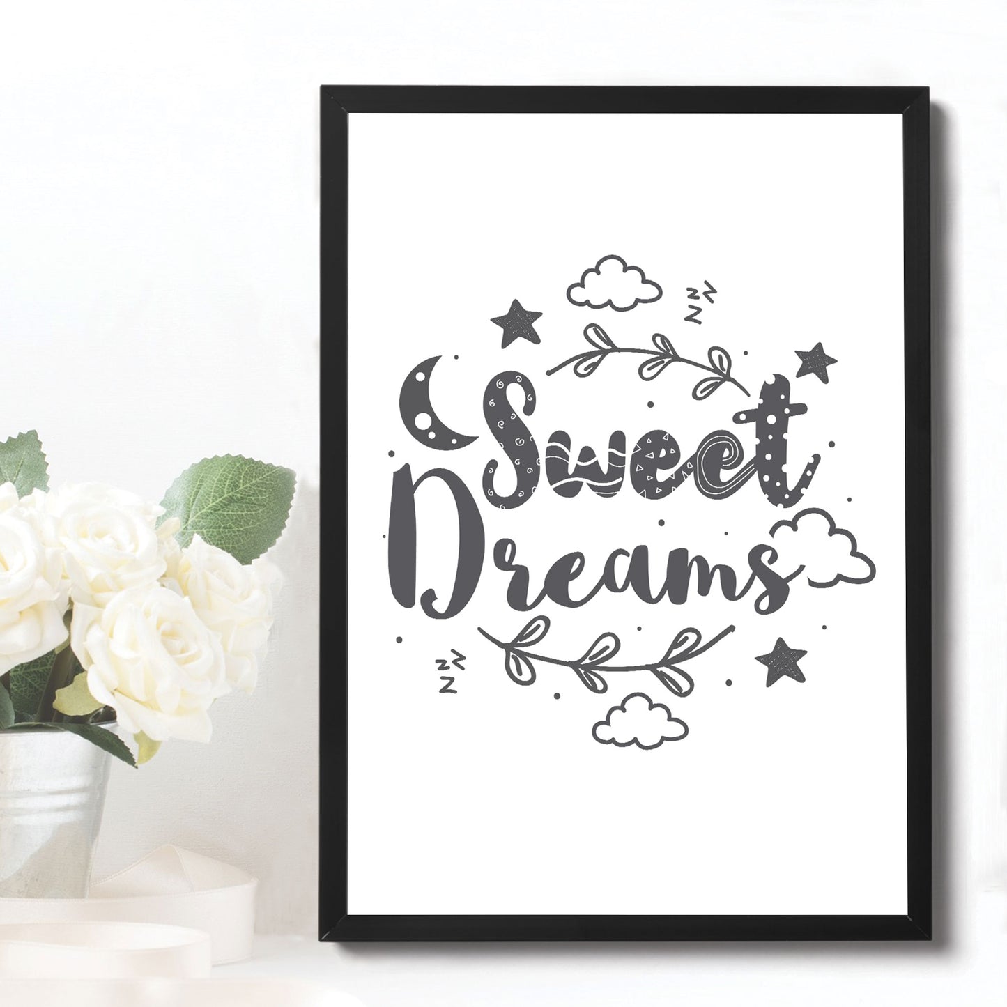 Sweet Dreams White Grey Nursery Framed Prints / Nursery Wall Art
