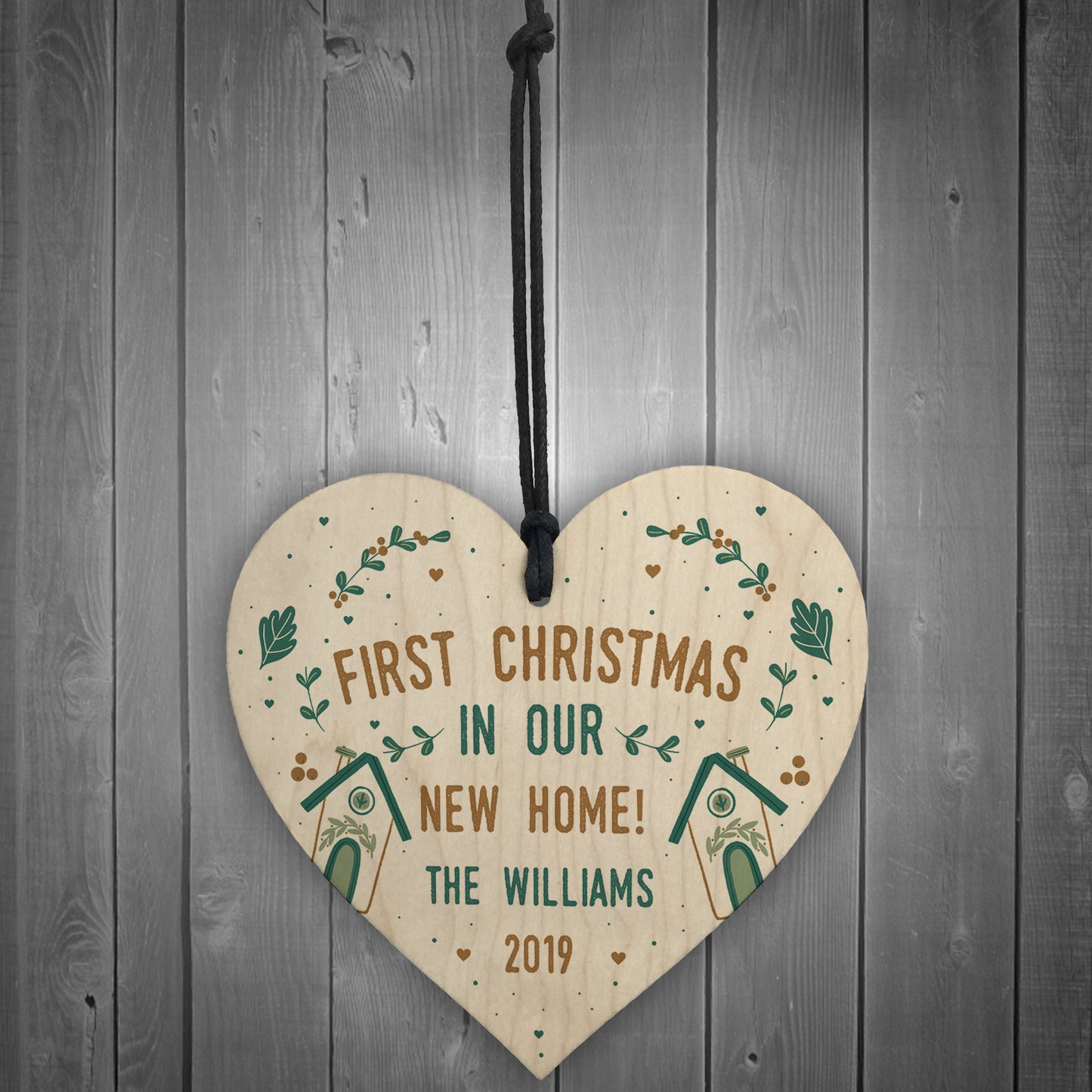 Personalised Family Name 1st Christmas In New Home Wood Heart