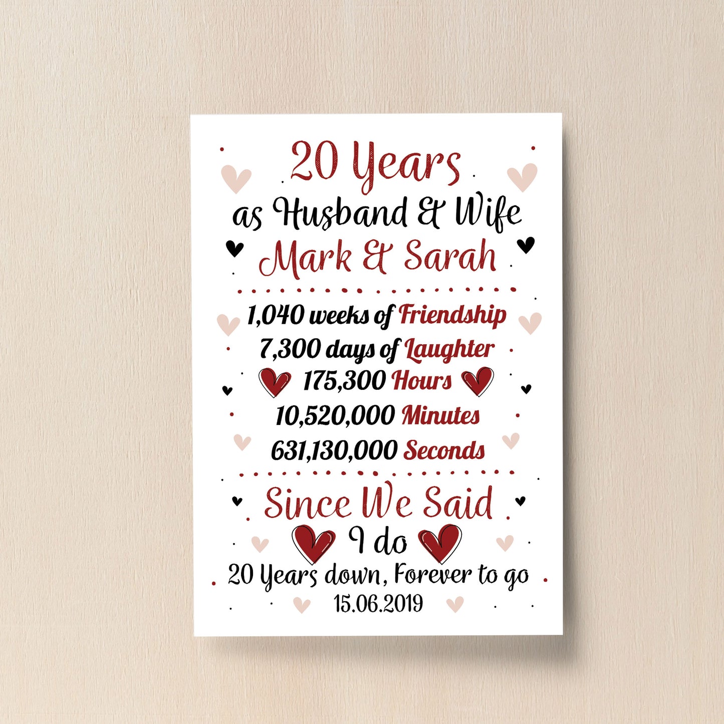 Personalised Wedding Gift 20th Year Anniversary Husband Wife
