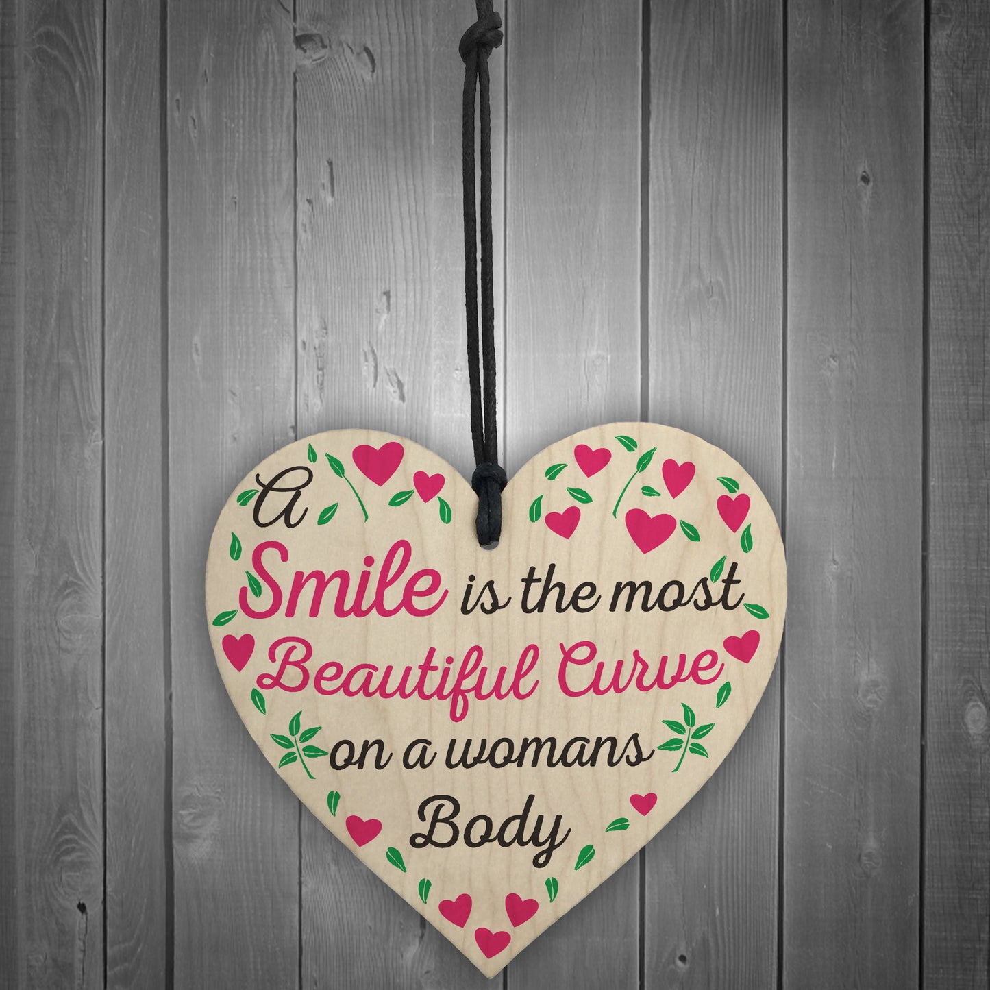 Smile Is The Most Beautiful Curve Wooden Hanging Heart Plaque