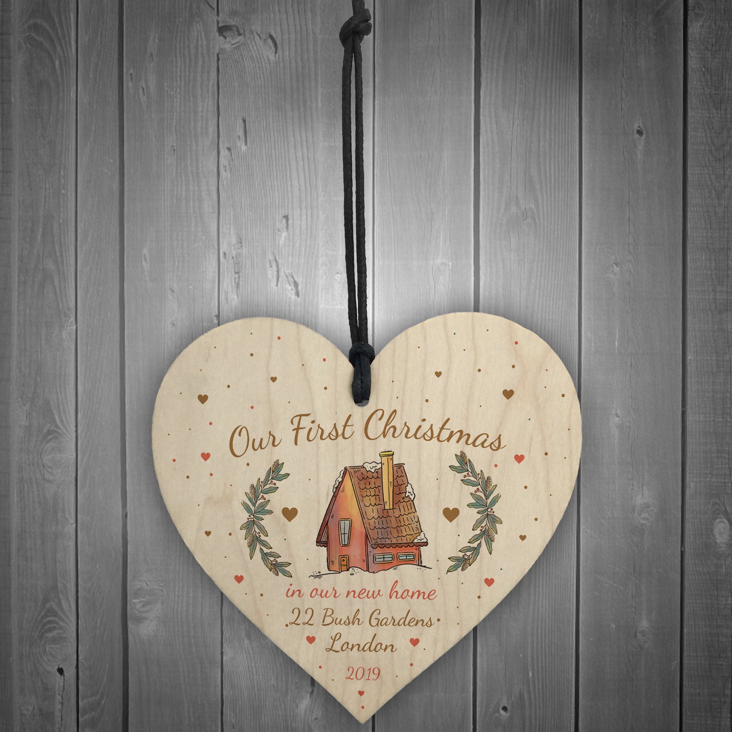 Personalised First 1st Christmas In Our New Home Wood Heart